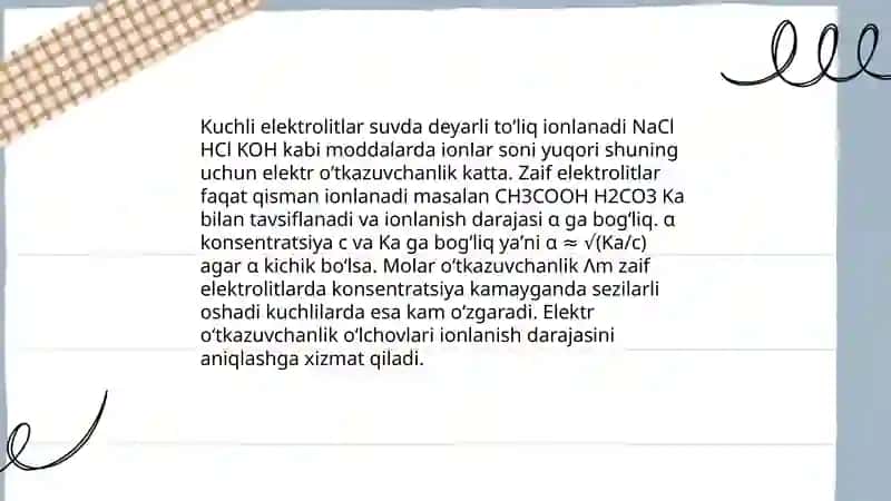 Elektrokimyo. Elektrolit eritmalarining elektr oʻtkazuvchanligi 4