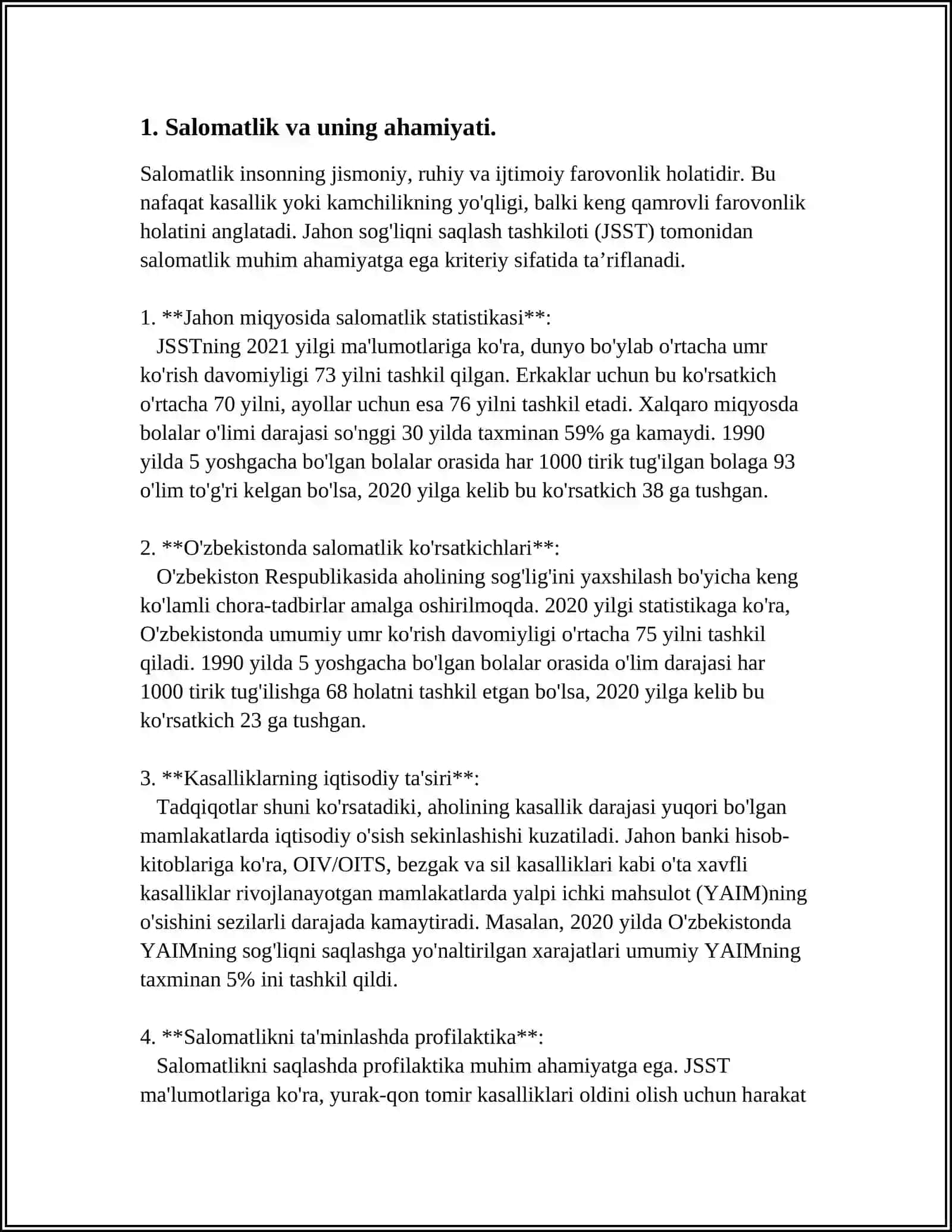 SALOMATLIK, MOSLASHUV, KASALLIK (NOZOLOGLYA). ETIOLOGIYA, PATOGENEZ SINDROM, SIMPTOM, SEMIOTIKA (SEMIOLOGIYA) TUSHUNCHASI. DIAGNOSTIKA JARAYONINING QOIDALARI (ALGORITMI). TEKSHIRISHNING ASOSIY VA QO'SHIMCHA USULLARI. TISH KASALINING IBBLY KARTASI, TISH BEMORINING IBBIY TARIXI VA AMBULATORIYA KARTASINI TOLDIRISH QOIDALARI 4