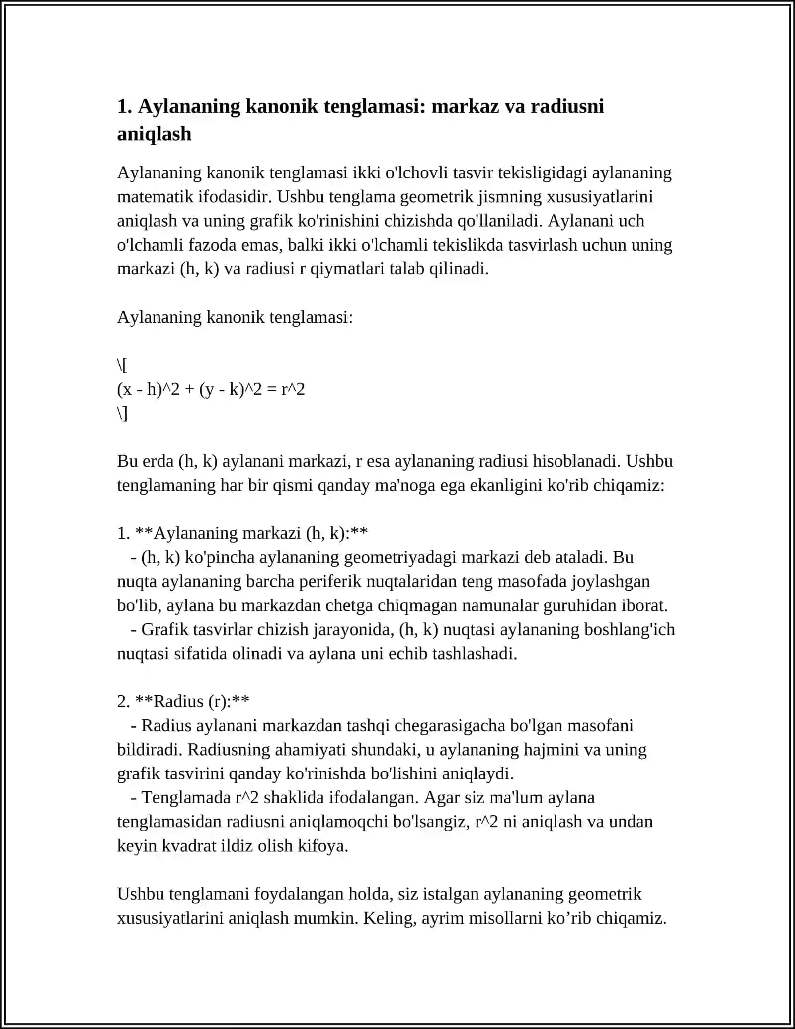 TEKISLIKDA IKKINCHI TARTIBLI EGRI CHIZIQLAR: AYLANA, ELLIPS, VA ULRANING KANONIK TENGLAMALARI. MASALALAR 4