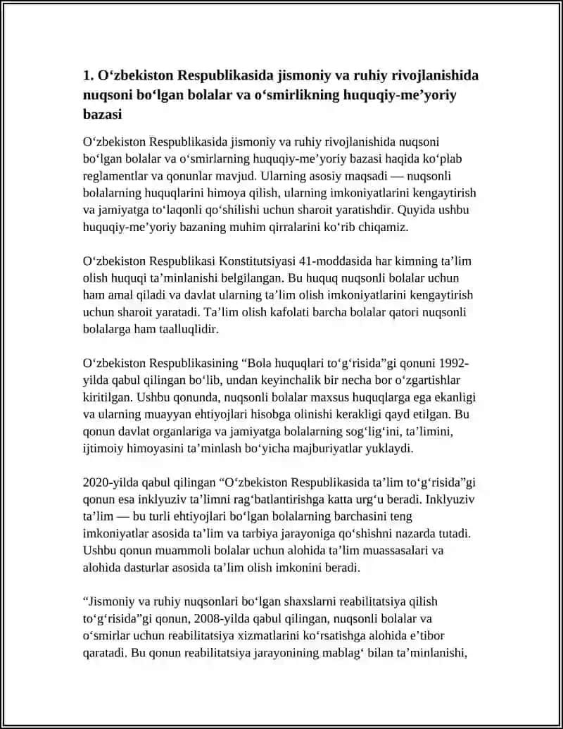 ÕZBEKISTON RESPUBLIKASIDA JISMONIY VA RUHIY RIVOJLANISHDA NUQSONI BÕLGAN BOLALAR VA ÕSMIRLIKNING IJTIMOIY HIMOYASI 4
