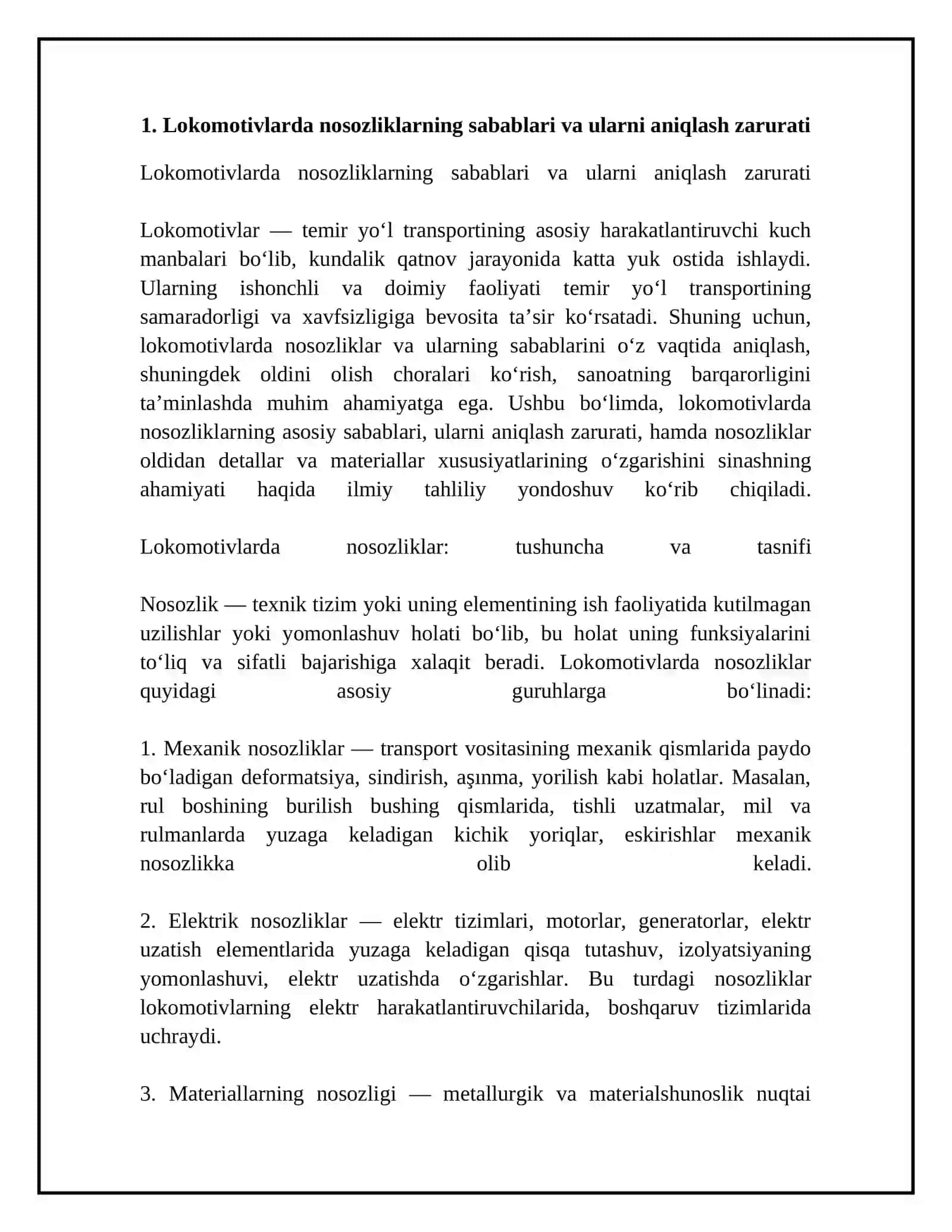 Lokomotivlarda nosozlik paydo bo'lishidan oldin detallar materiallarining xususiyatlarini o'zgarish jarayonini sinflash 4