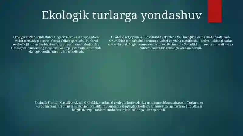 OʻSimliklar Qoplamini Dominantlar BoʻYicha Va Ekalogik Floritik Klassifikatsiyasi 4