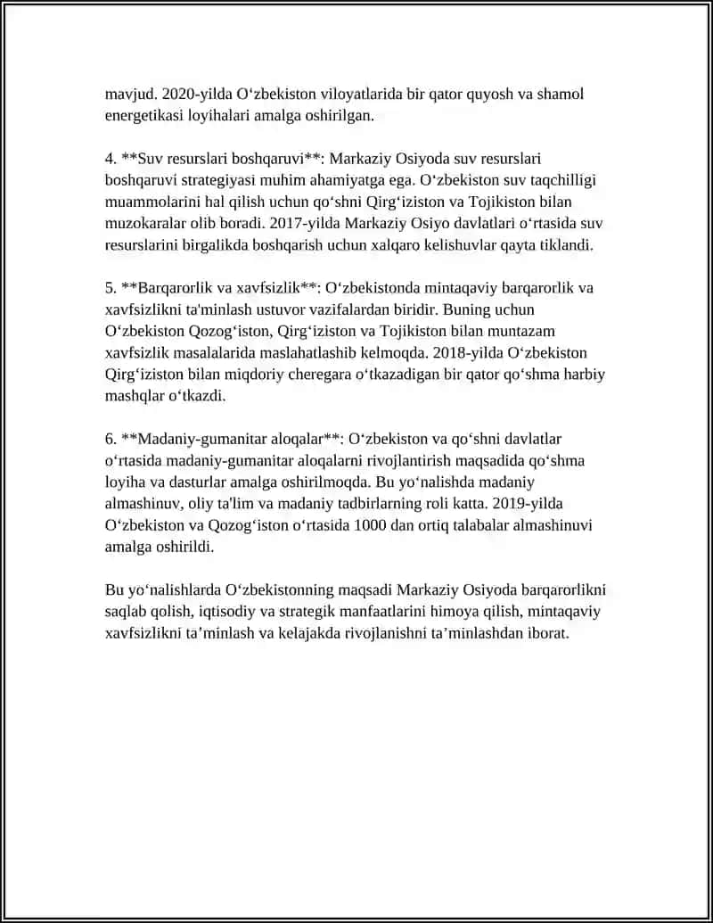 O‘ZBEKISTONNING MARKAZIY OSIYODA TINCHLIK VA BARQARORLIKNI TA'MINLASHDAGI O'RNI 4