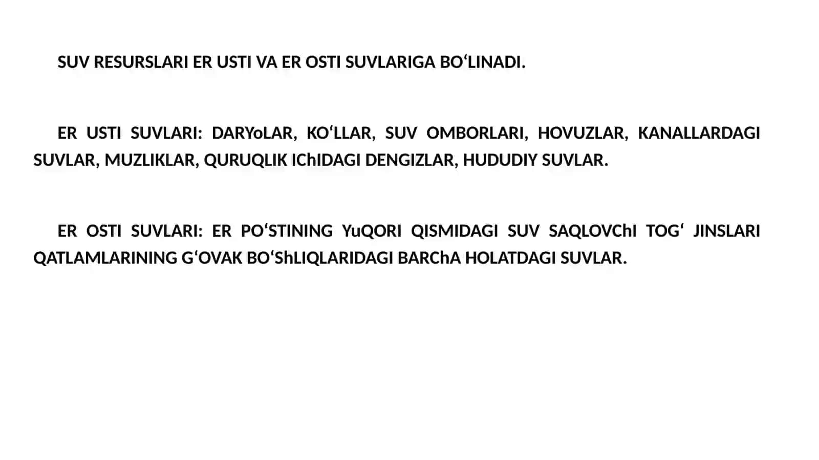 SUV RESURSLARI VA SUGʻORISh SUVI MANBALARI (2 soat) 4
