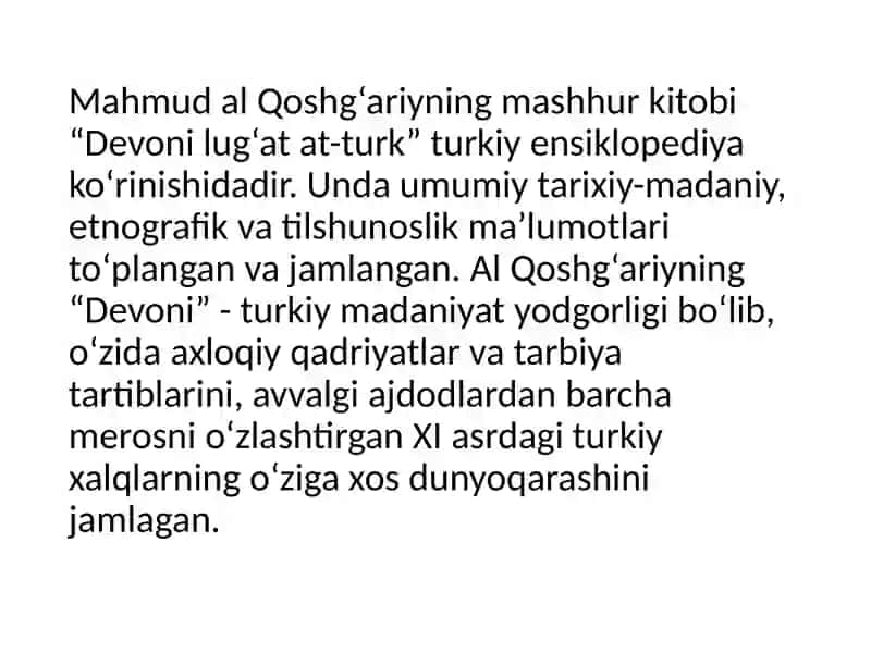 MAHMUD QOSHG’ARIY, YUSUF XOS HOJIB ASARLARIDA TAʼLIM - TARBIYA MASALALARINING YORITILISHI. AHMAD YUGNAKIY  VA KAYKOVUS ASARLARIDA  TAʼLIM - TARBIYA MASALALARINING YORITILISHI. 4