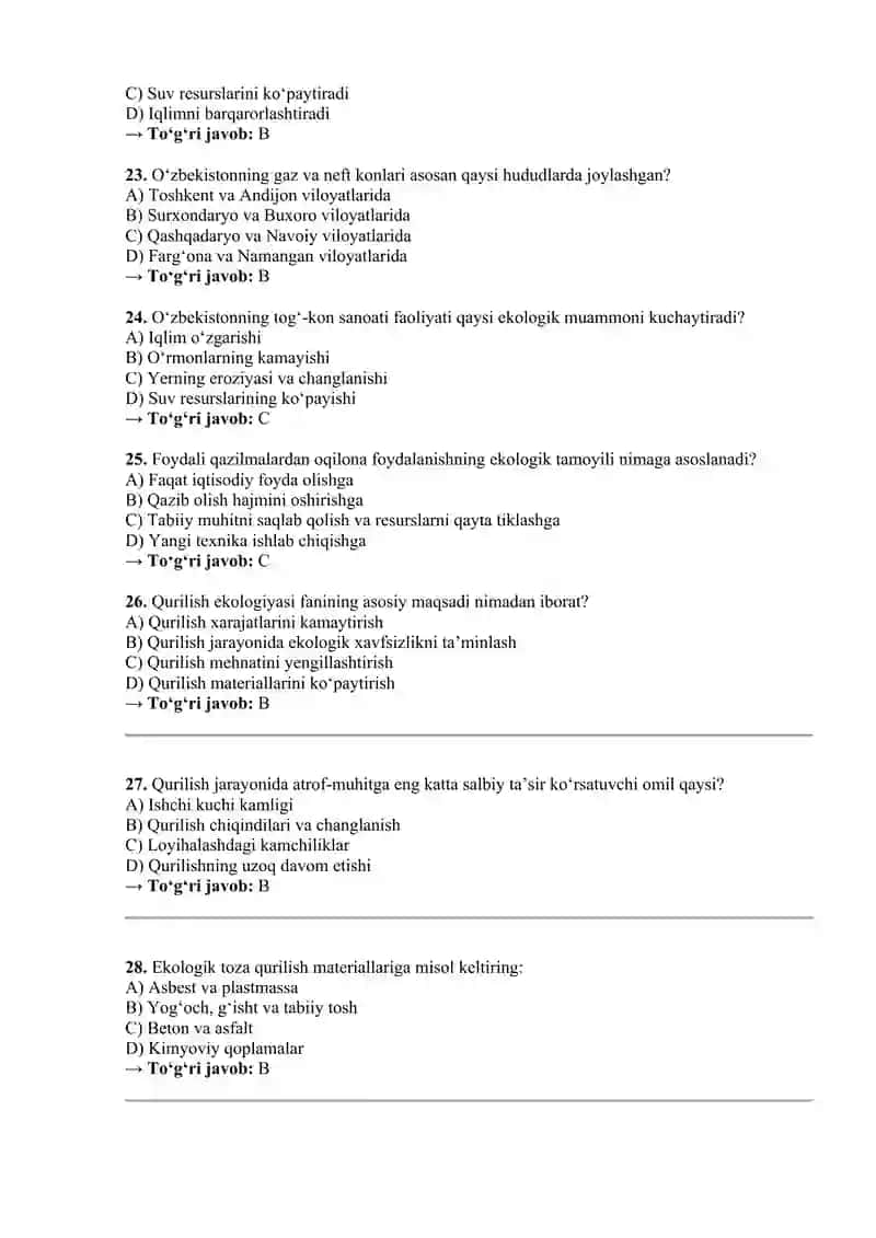 Qurulish ekologiyasi fanidan yakuniy test savollari 4