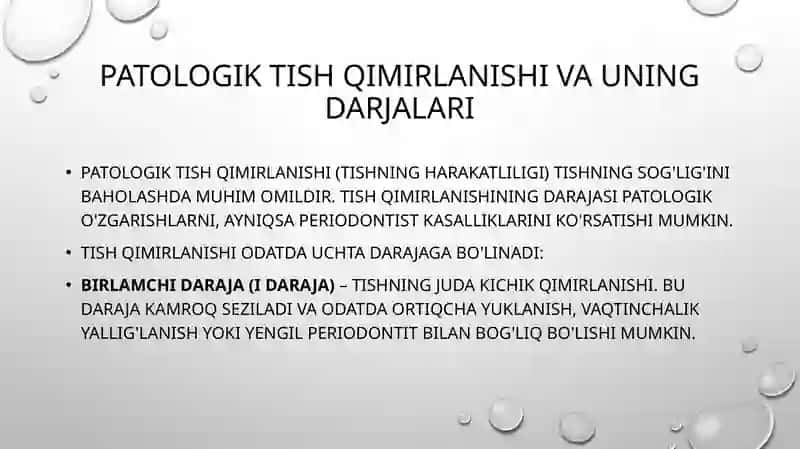 Patologik tish cho‘ntagining chuqurligini aniqlash. Patologik tish qimirlashi va uning darjalari. Perkussiya turlari. 4