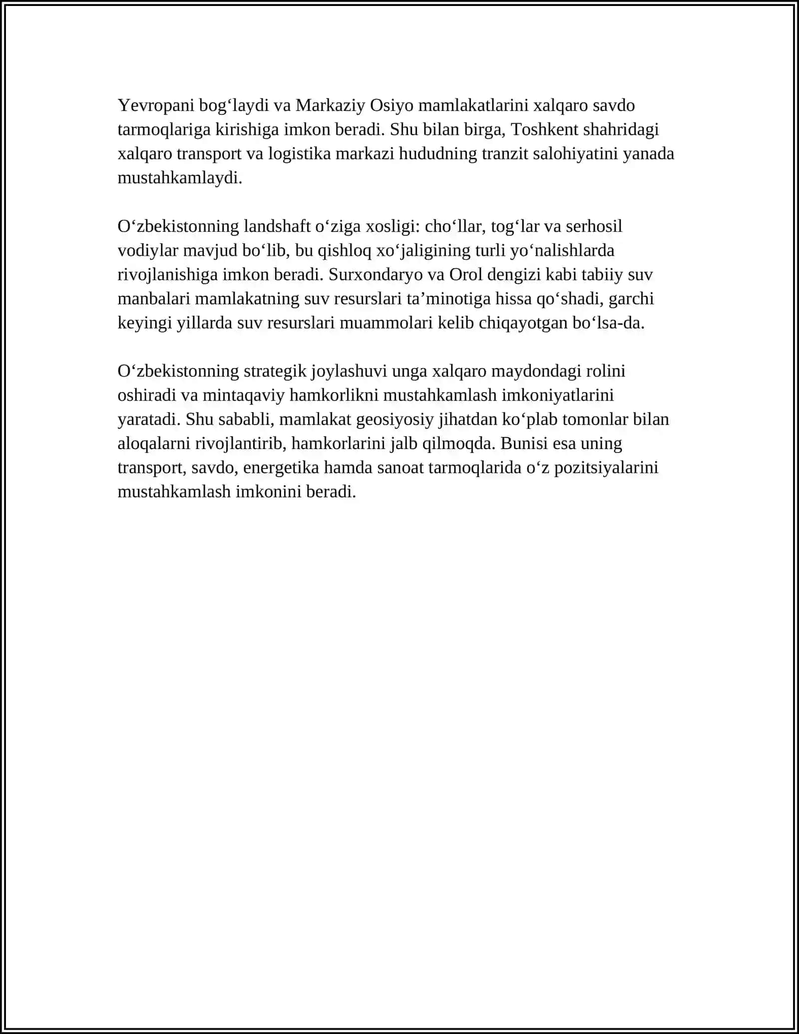 O'ZBEKISTONNING MARKAZIY OSIYODAGI TINCHLIK VA BARQARORLIKNI TA'MINLASHDAGI O'RNI 4