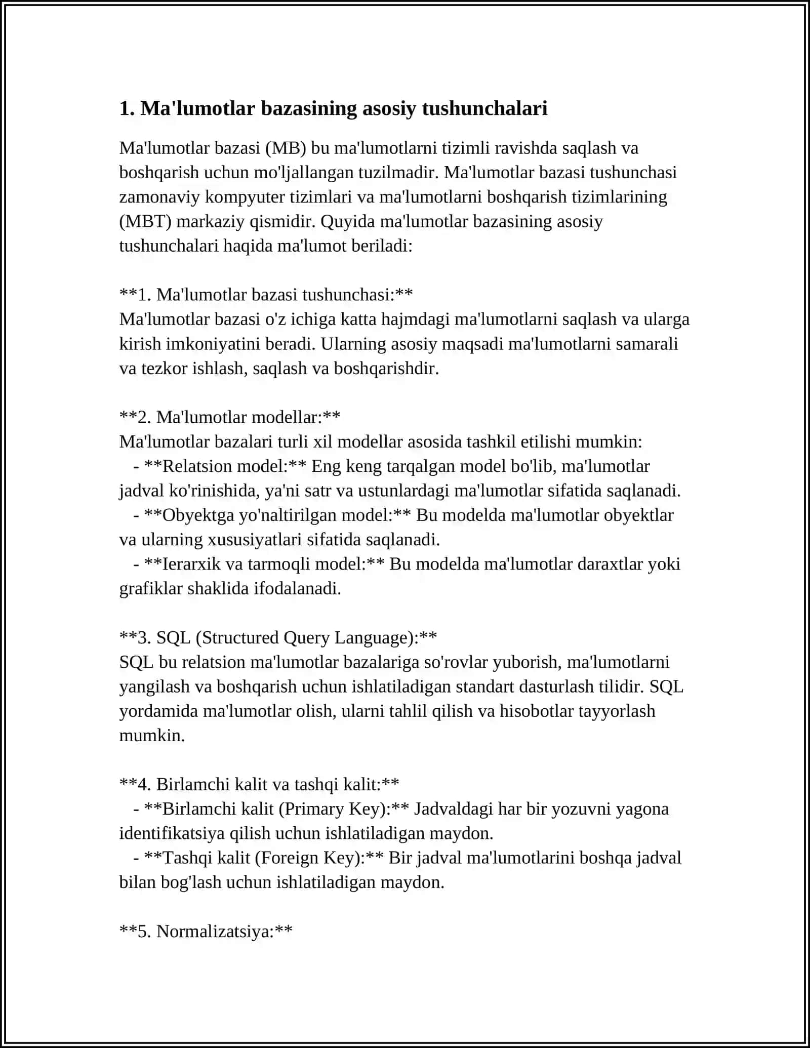 ACCESS DASTURIDA IQTISODIY OB'EKTNING MA'LUMOTLAR BAZASINI YARATISH 4