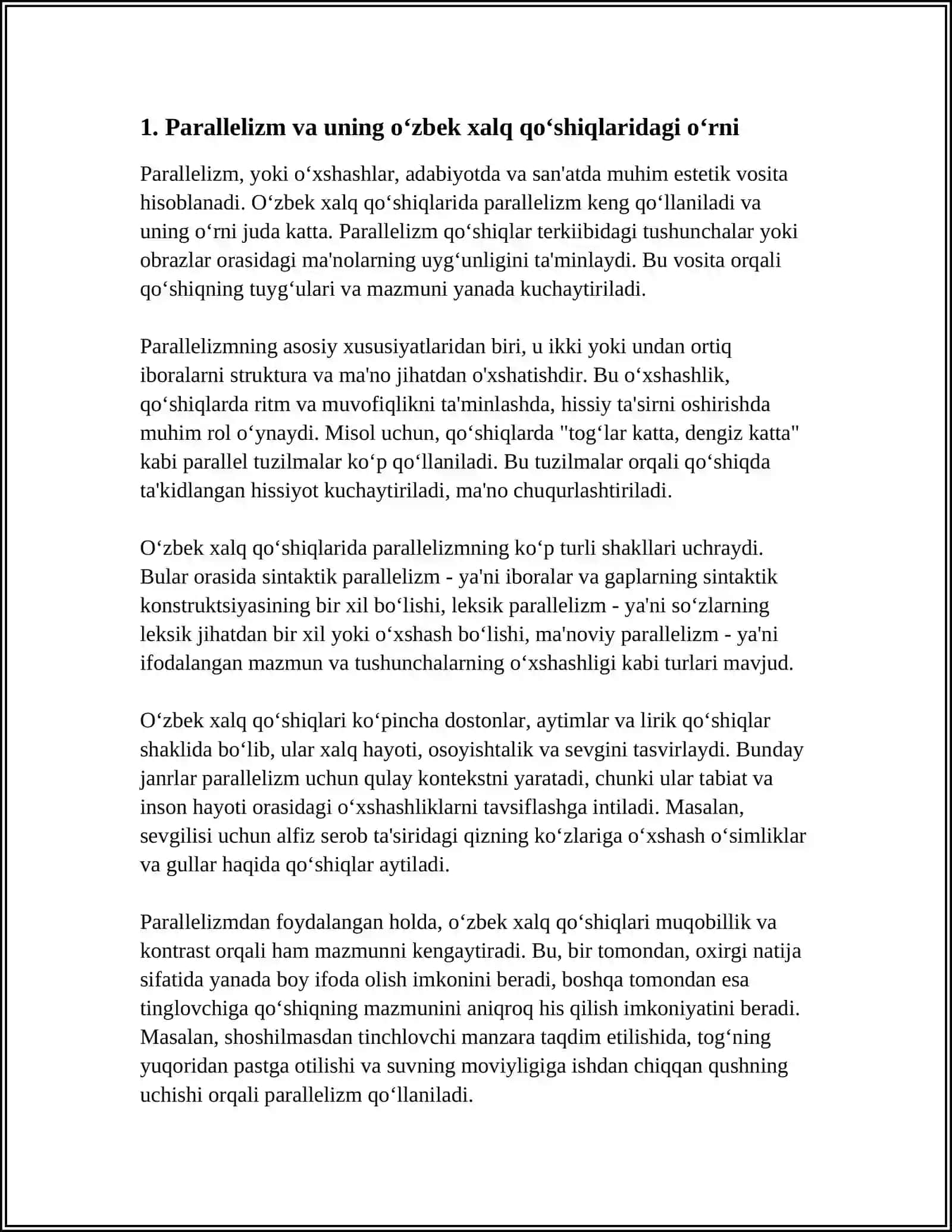 PARALLELIZM – O‘ZBEK XALQ QO‘SHIQLARINING TARKIBIY QISMI SIFATIDA EPIK JANRLARDA ADABIY-BADIIY QOLIPLAR VA AN’ANAVIY TASVIR VOSITALARI 4