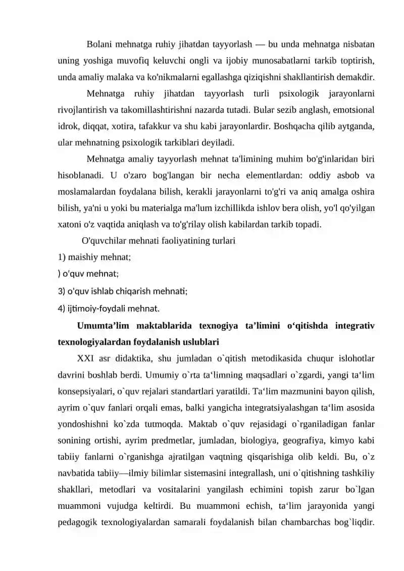 Texnologiya fani darslarining maktabdagi o'rnini aniqlash 4