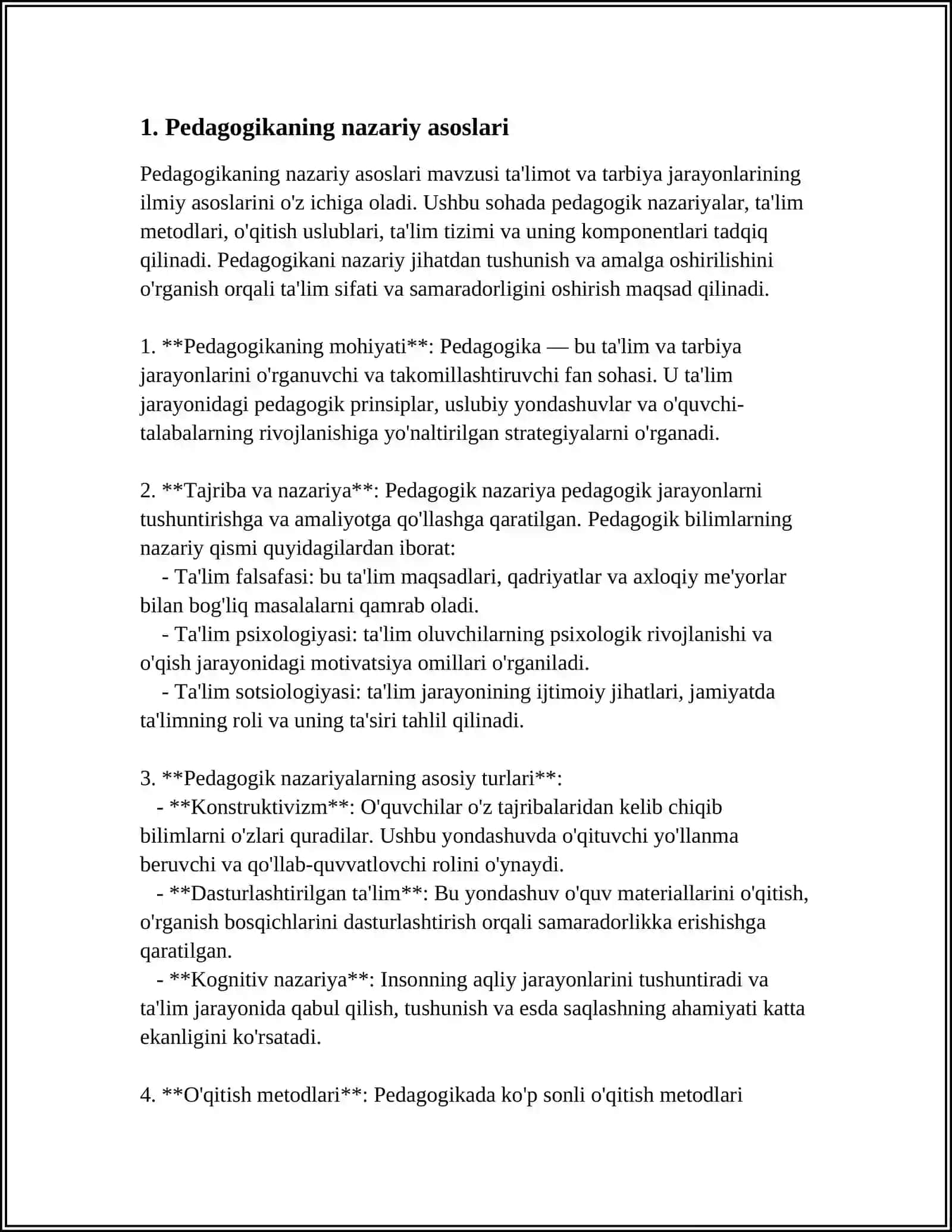 PEDAGOGIKA (QOʼSHIMCHA TARBIYA FANI OʻQITUVCHISI) BAQALOVRIAT TAʼLIM YOʻNALISHINING ZARURIY MAZMUNI VA BAKALAVRNING TAYYORGARLIK DARAJASIGA QOʼYILADIGAN TALABLAR 4