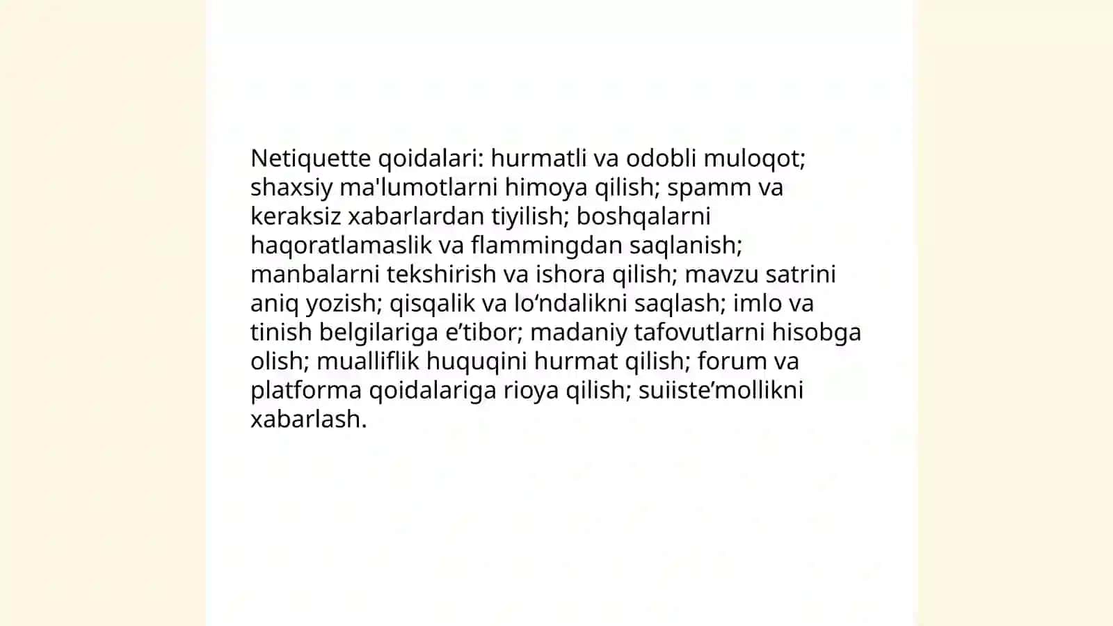 Tarmoq etikasi (Etika. Netiquette. Tarmoq etikasi qoidalari) 4