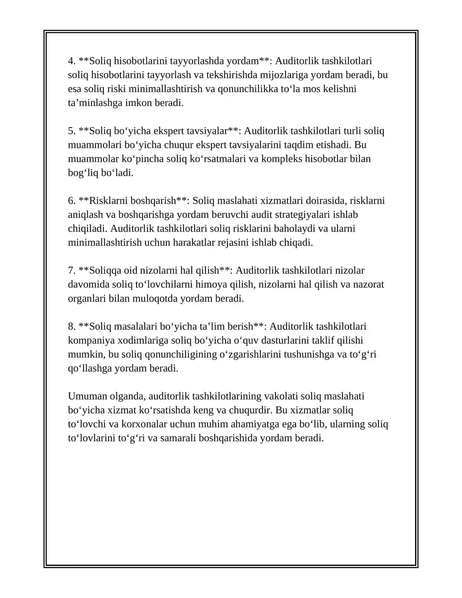AUDITORLIK TASHKILOTLARI TOMONIDAN SOLIQ MASLSHATI XIZMATLARINI KO‘RSATISH TARTIBI 4