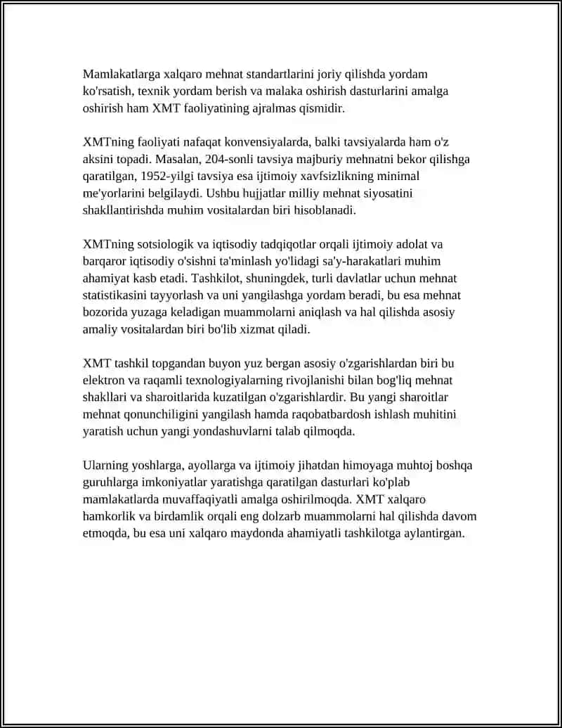 MUSTAQIL ISH Mavzu: MEHNATNI MUHOFAZA QILISH SOHASIDA XALQARO MEHNAT TASHKILOTLARI FAOLIYATI TAHLILI. 4