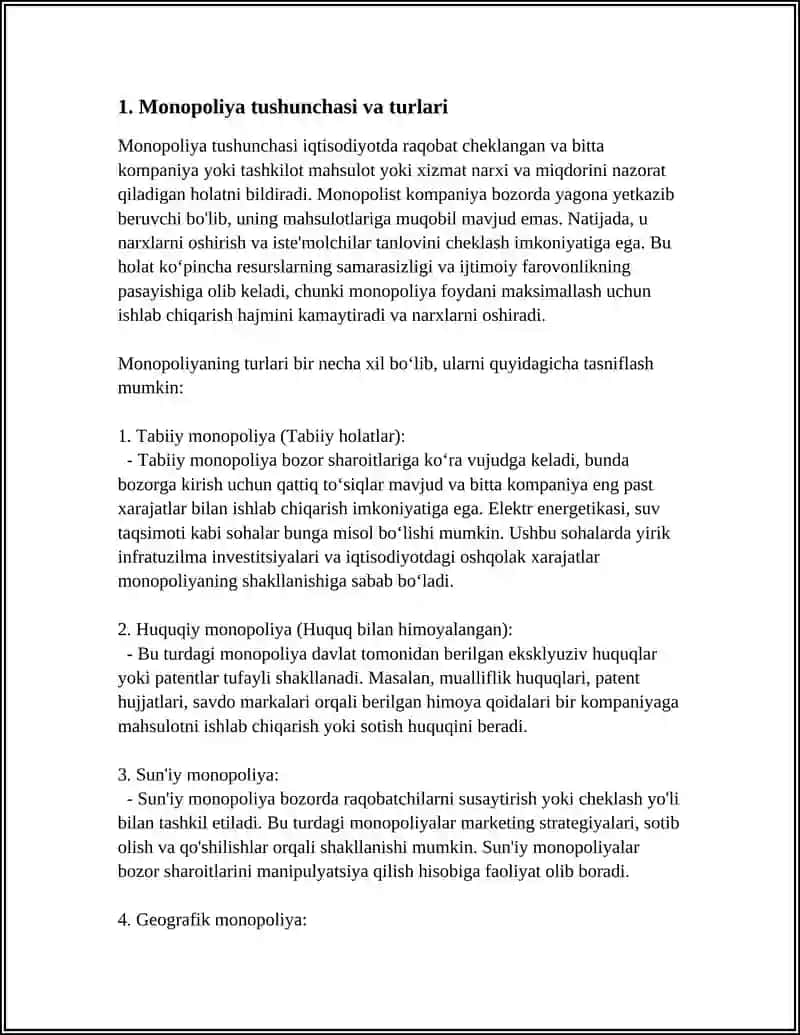 MONOPOLIYALAR, ULARNING AMAL QILISH VA TARTIBGA SOLISH 4