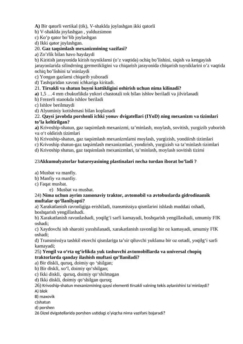 Traktorlar va transportlar vositalari fanidan oraliq test savollari 4