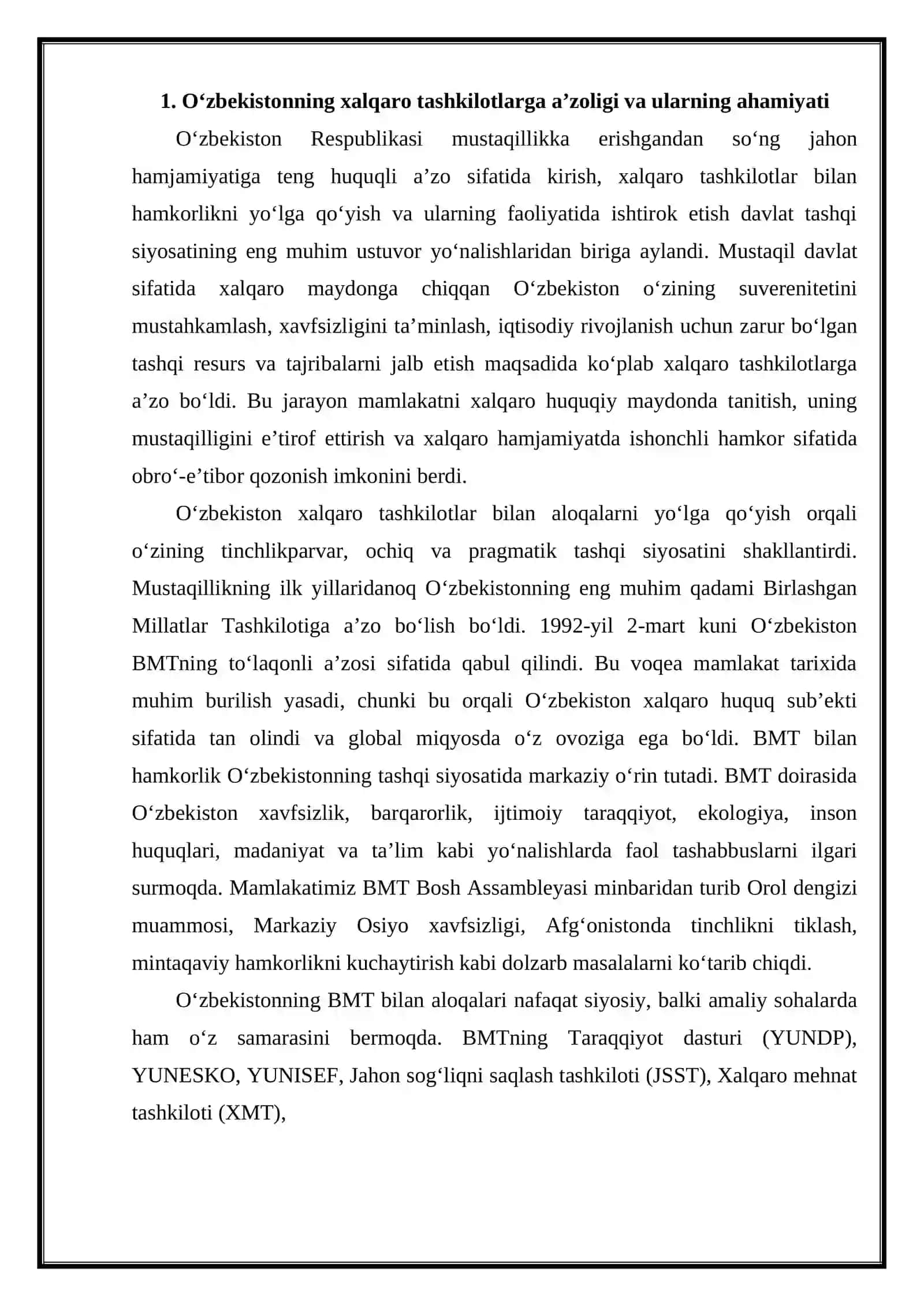 O‘ZBEKISTONNING XALQAROTASHKILOTLAR BILAN HAMKORLIK ALOQALARI 4