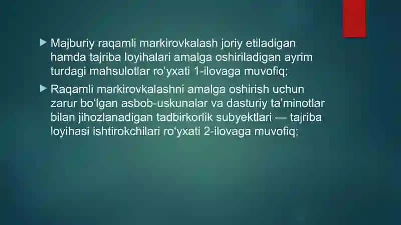 idenfikatsiya qilish yo’li bilan majbur raqamli Markirovkalash joriy etilgan tovar ro’yxati 4