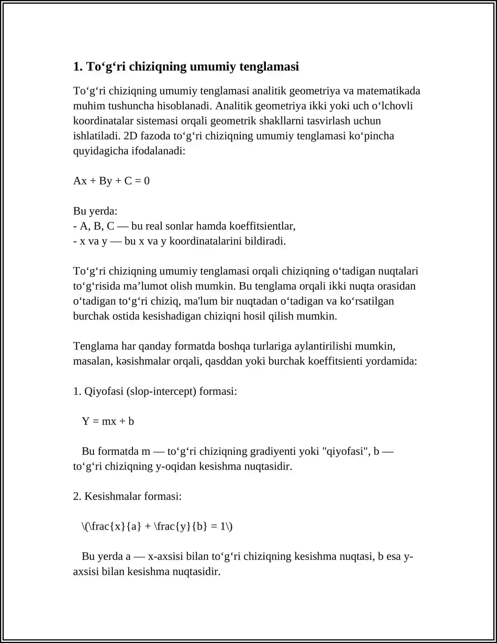 TEKISLIKDA TOʻGʻRI CHIZIQNING UMUMIY TENGLAMASI VA UNING TURLI XUSUSIY KOʻRINISHLARI 4