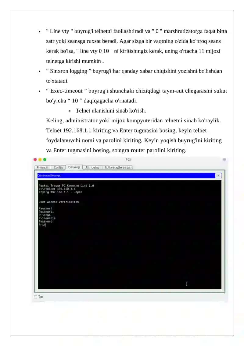 TARMOQ QURILMALARIDA DASTLABKI XAVFSIZLIK SOZLAMALARINI O’RNATISH-TELNET, SSH 4