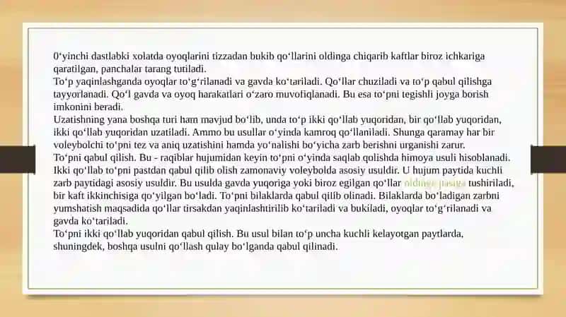 Voleybol o‘yinida shug‘ullanuvchilarning o‘yin texnikasini takomillashtirish va mahoratini oshirish 4