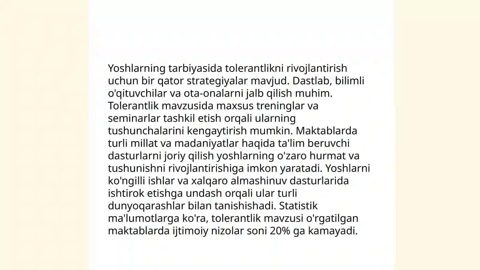 Zamonaviy ta’lim va bugungi kun yoshlar tarbiyasida tolerantlikning o’rni va roli 4