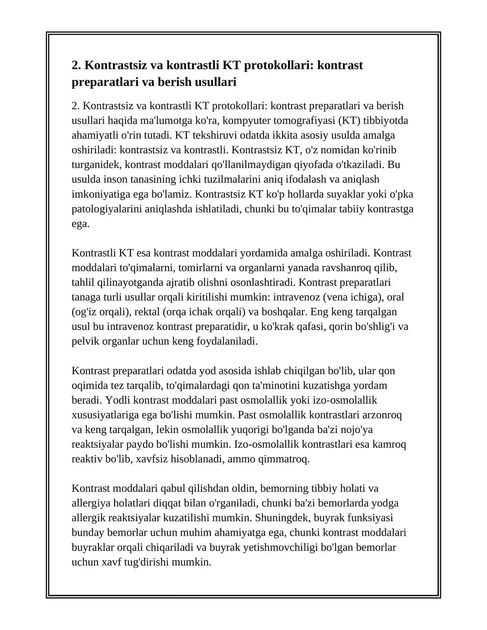 RENTGENOLOGIK TEKSHIRISH USULLARI. KOMPYUTER TOMOGRAFIYA, KONTRASLI, KONTRASSIZ. HAZM TIZIMI, JIGAR-O'T QOPI VA YO'LLARI, SIYDIK AYRISH TIZIMI VA REPRODUKTIV A'ZOLARNI RENTGENOLOGIK VA KT YORDAMIDA TEKSHIRISH 4