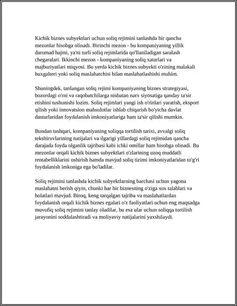 Kichik Biznes Subyektlari Uchun Soliqqa Tortishning O'zigа Xos Xususiyatları 4