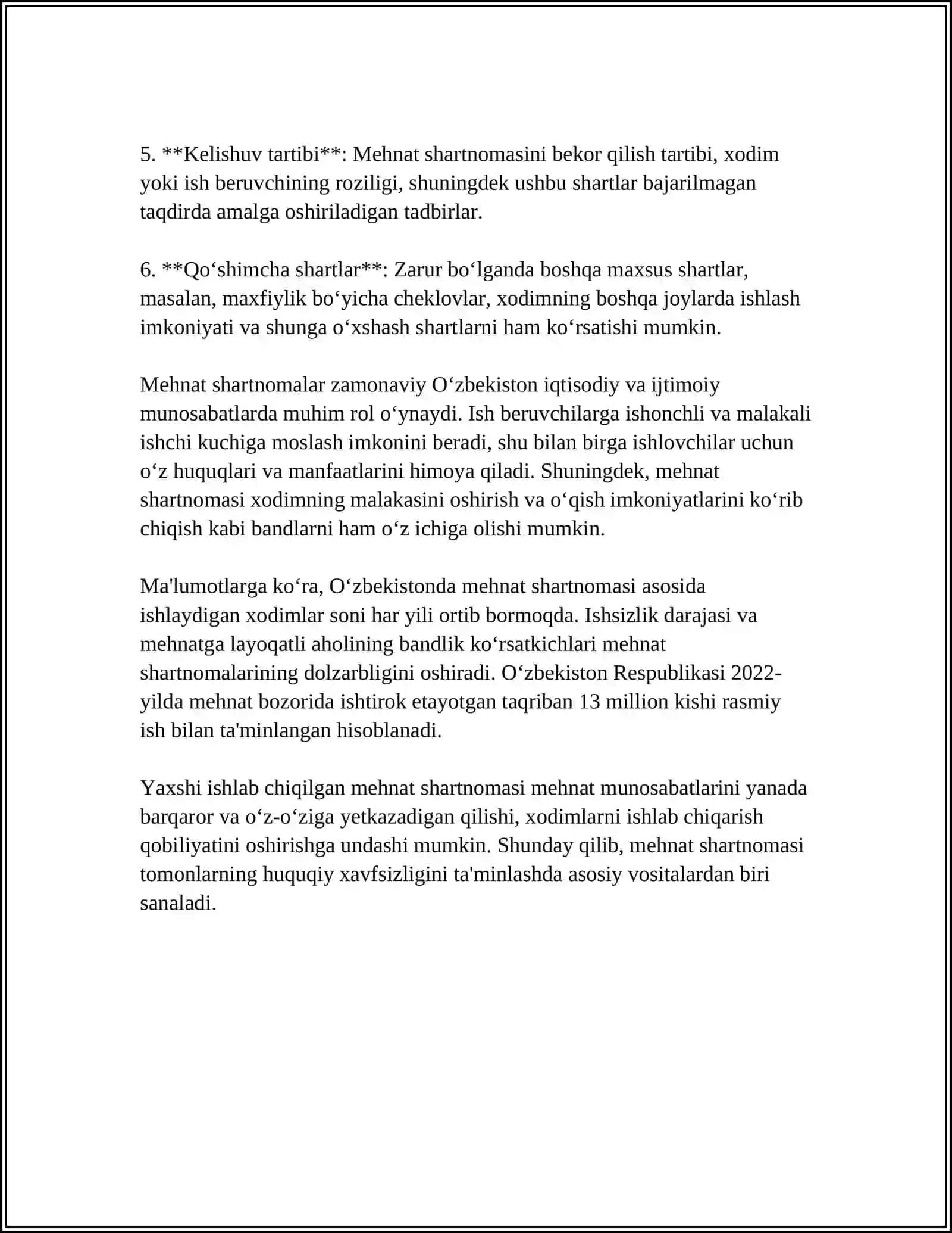 MUSTAQIL ISH Mavzu: OʻZBEKISTON RESPUBLIKASINING MEHNAT KODEKSI HAQIDA 4