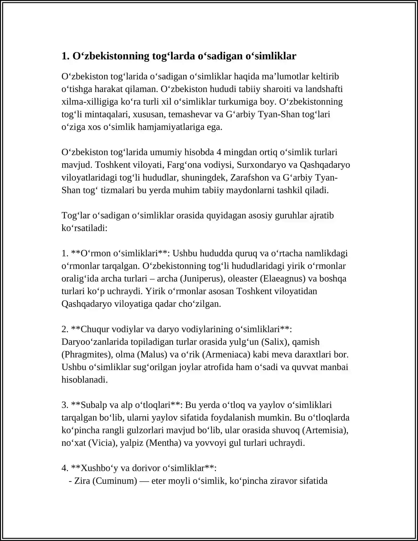 O‘zbekistonning tog‘, cho‘l, dashtlarida o‘sadigan o‘simliklari o‘simliklarning mintaqalar bo‘yicha taqsimlanishi 4