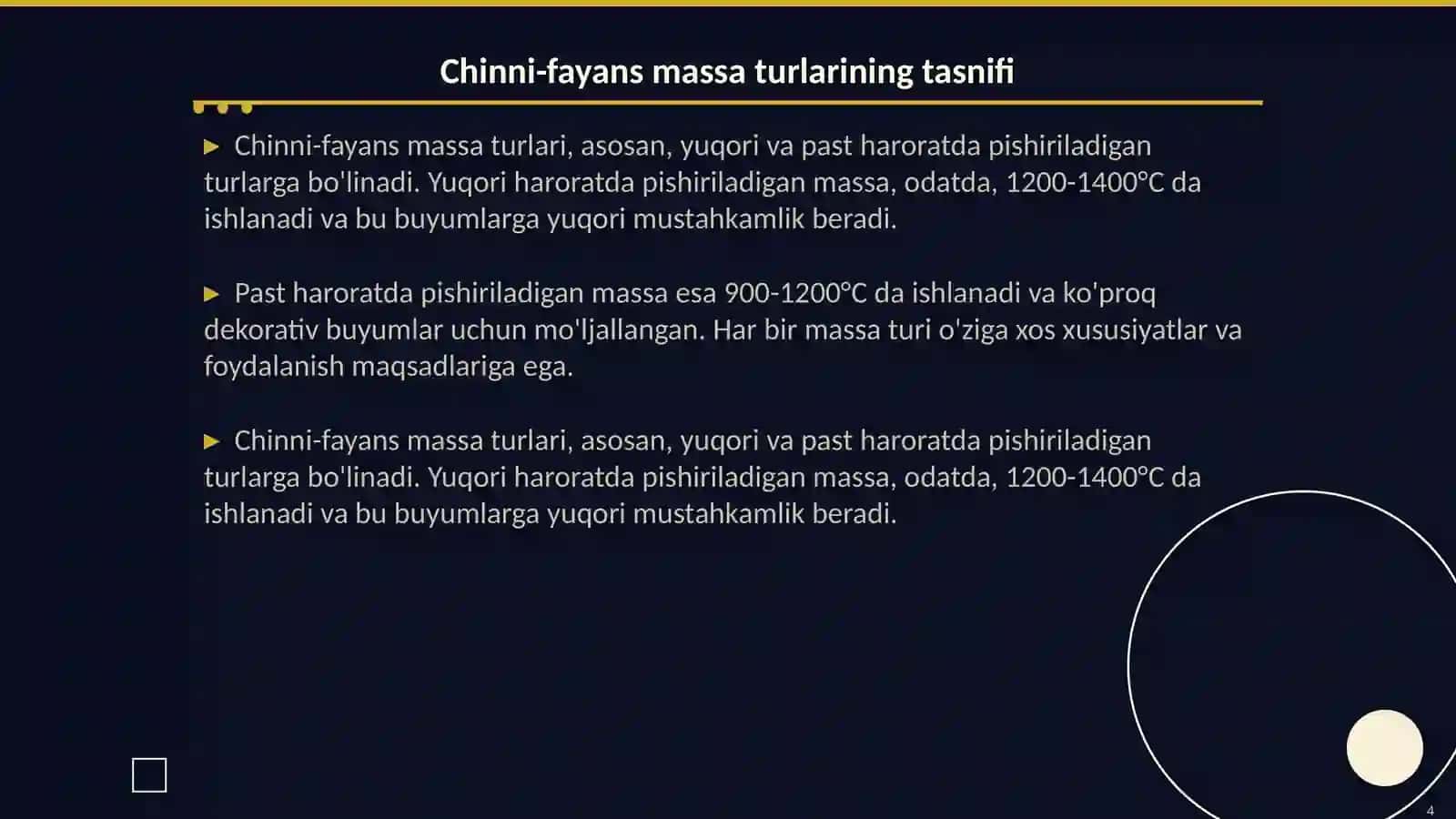 Chinni-fayans buyumlarini ishlab chiqarishda qo’llaniladigan massa turlari 4