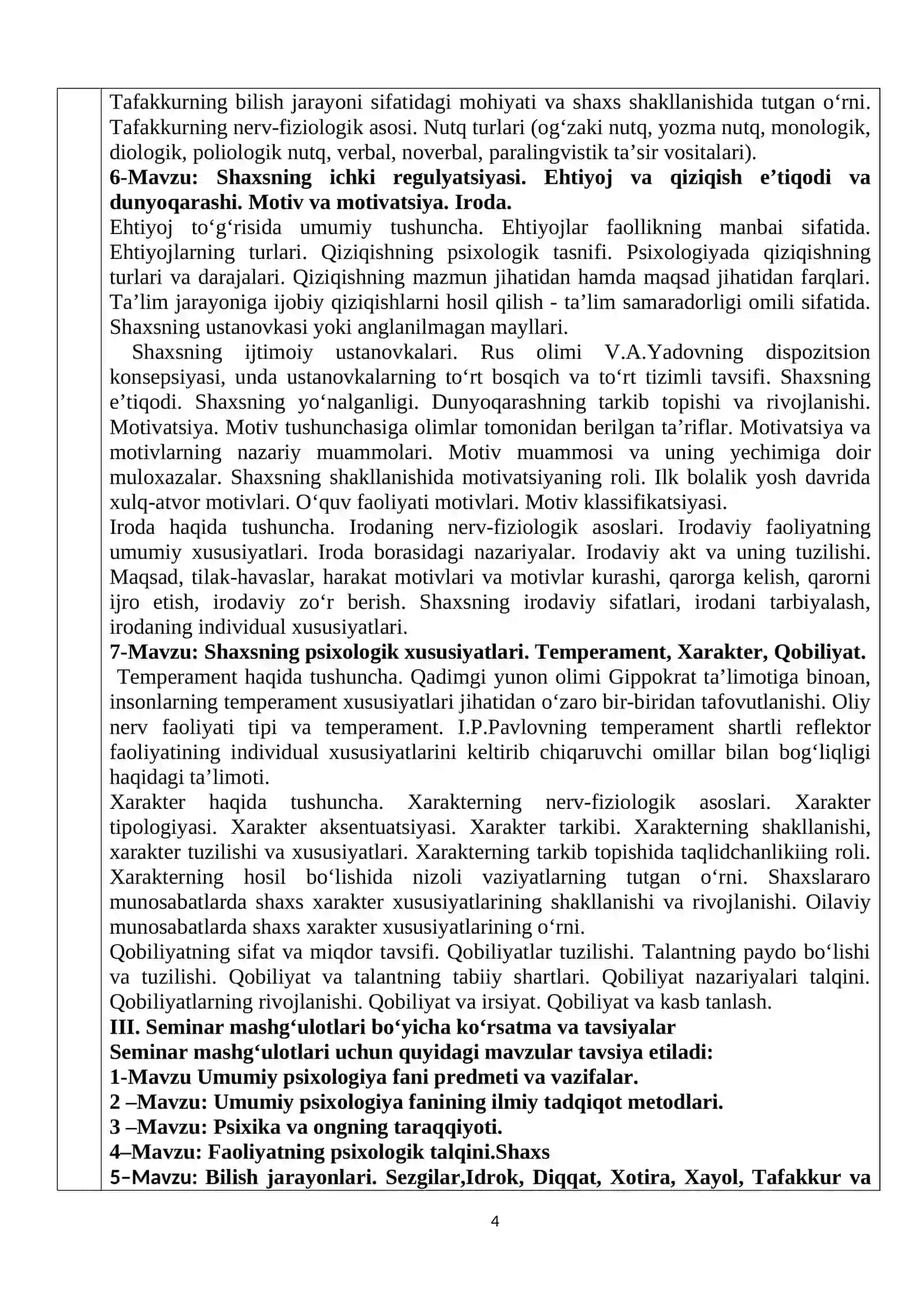 Umuwiy psixologiya fanining o‘quv dasturi 4