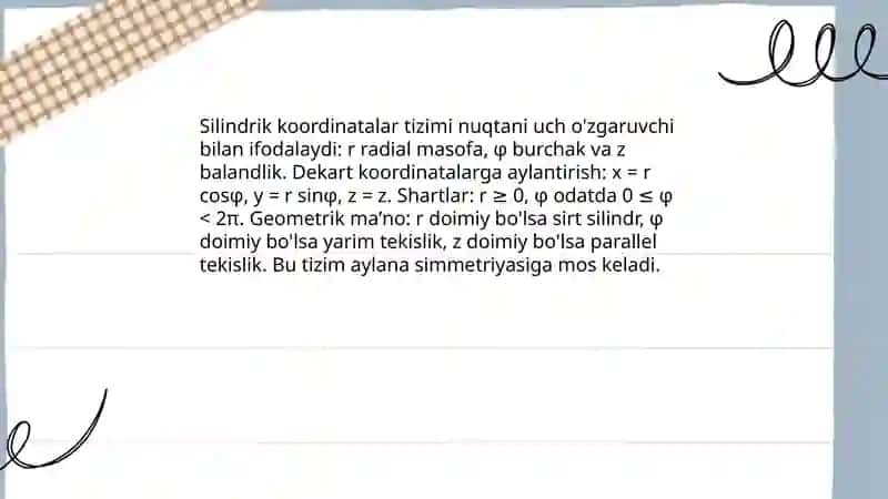 Qutb koordinatalar sistemasi silindrik va sferik koordinatlar sistemasi 4