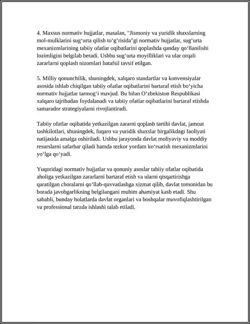 TABIIY OFATLAR OQIBATIDA AHOLIGA YETKAZILGAN ZARARNI QOPLASH TARTIBI 4