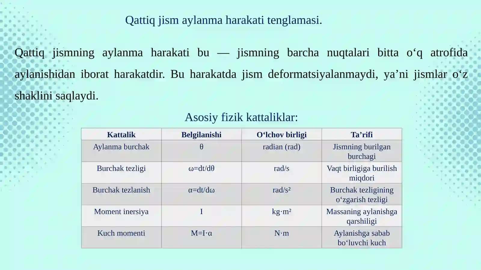 Qattiq jism aylanma harakati tenglamasi. Kuch momenti. Aylanish o’qiga nisbatan jismning impuls momenti 4