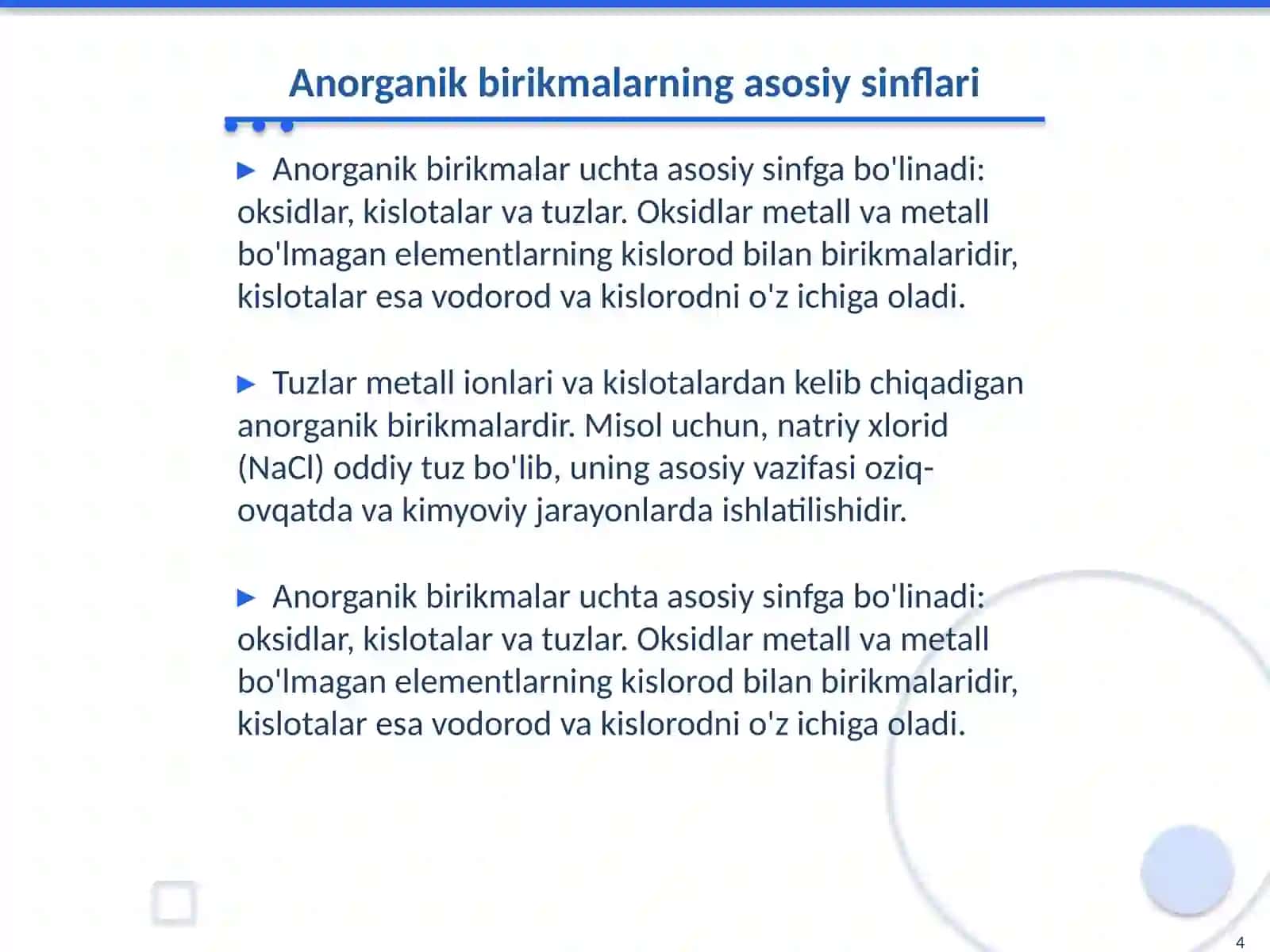 Anorganik birikmalarning asosiy sinflari mavzusiga oid ajribalar o'tkazish metodikasi 4