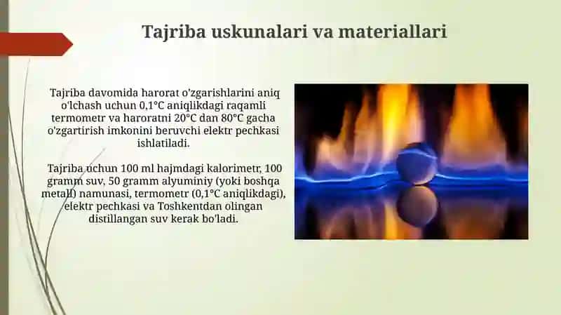 Suv va metallning solishtirma issiqlik sigʻimini aniqlash 4