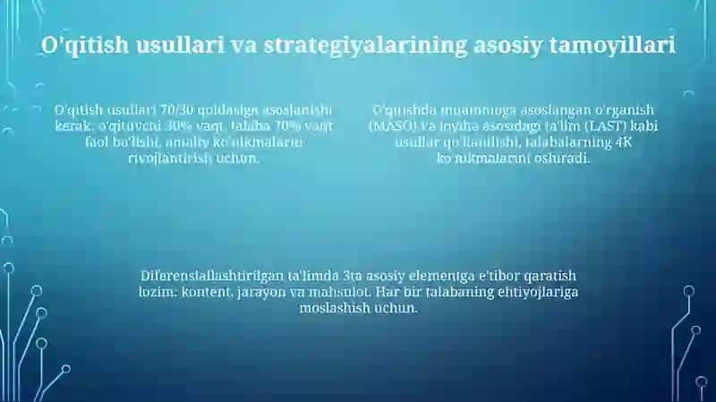 Mutaxassislik fanlarini òqitishda qòllaniladigan talim metotlariga qòyiladigan talablar 4