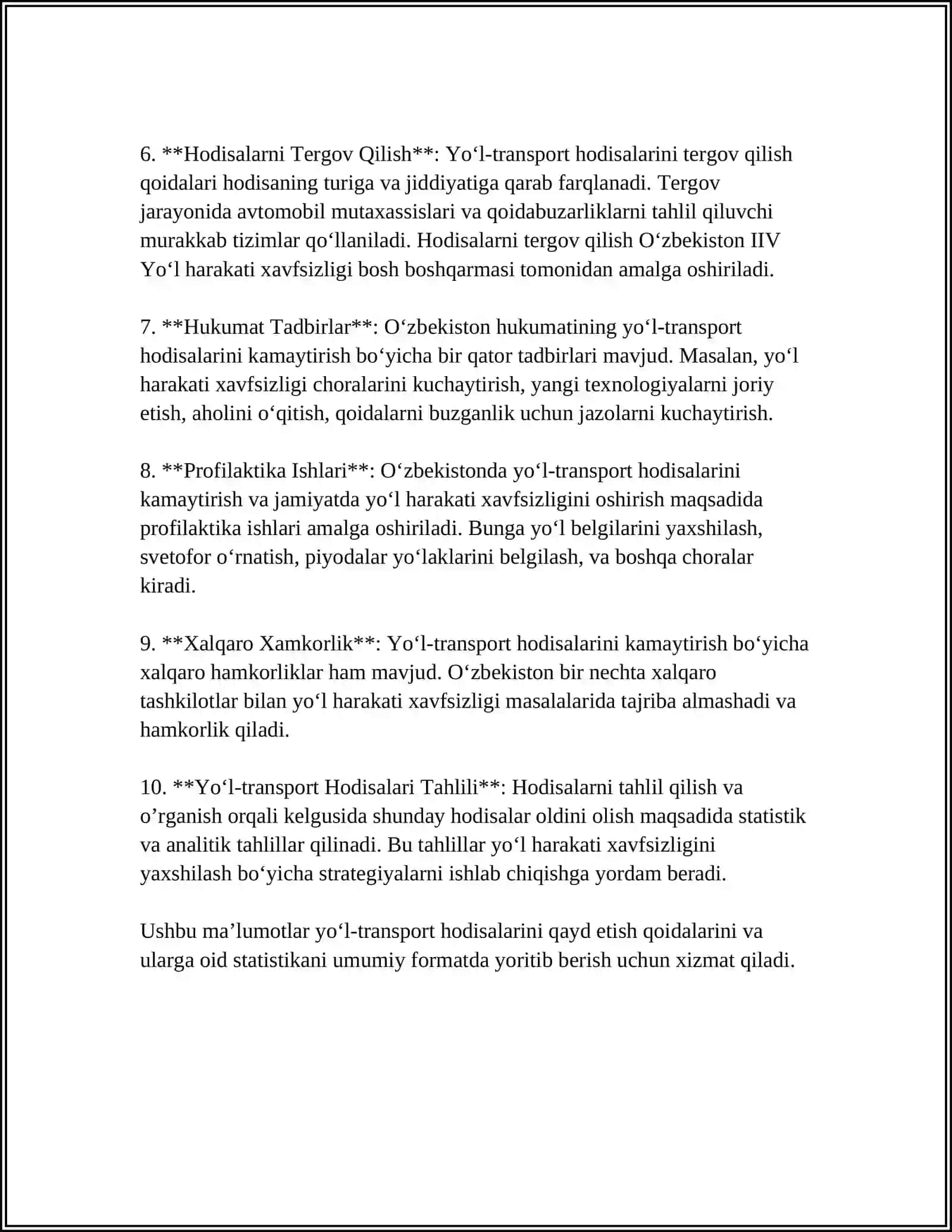 YOʻL-TRANSPORT HODISALARINI QAYD ETISH VA HISOBGA OLISH QOIDALARI ULARNI VUJUDGA KELISH SABABLARI SHARTLARI VA OMILLARNI ANIQLASH 4