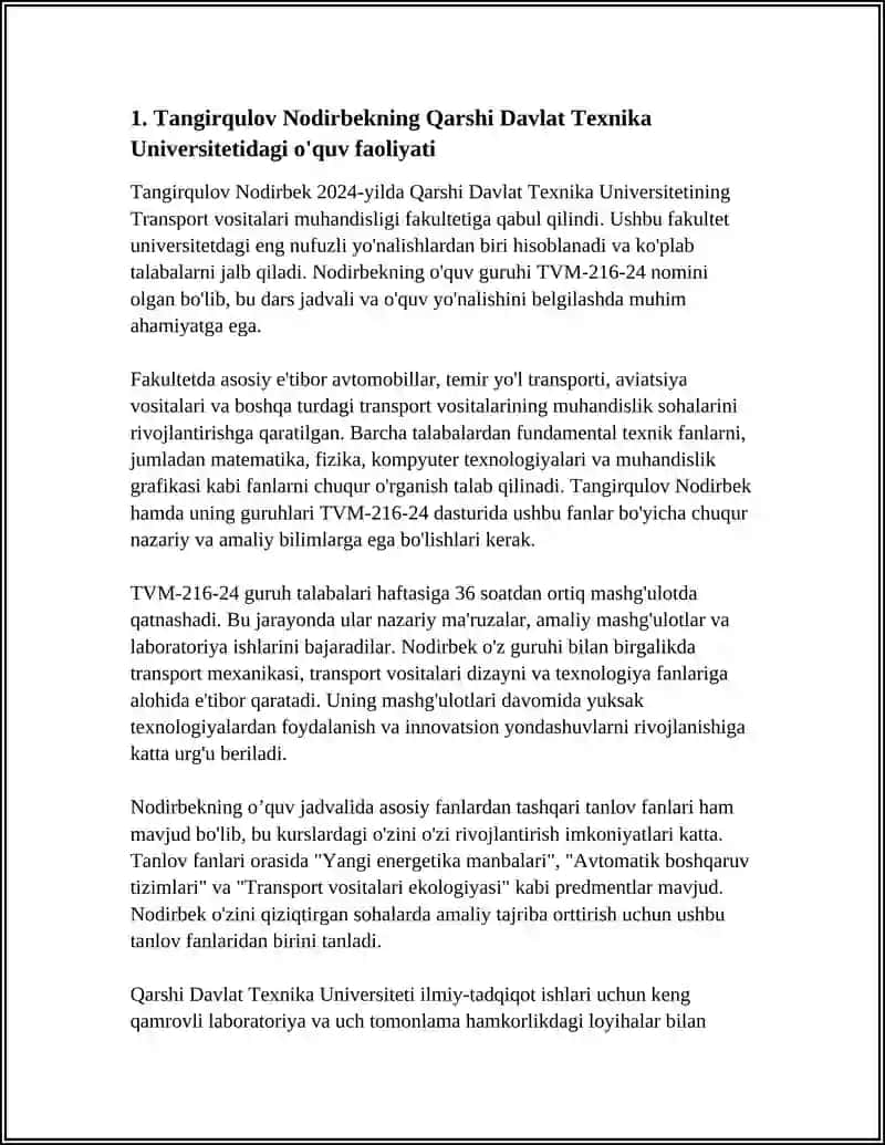 QARSHI DAVLAT TEXNIKA UNIVERSITATI TRANSPORT VOSITALARI MUHANDISLIGI TVM-216-24 GURUH TALABASI TANGIRQULOV NODIRBEK 4