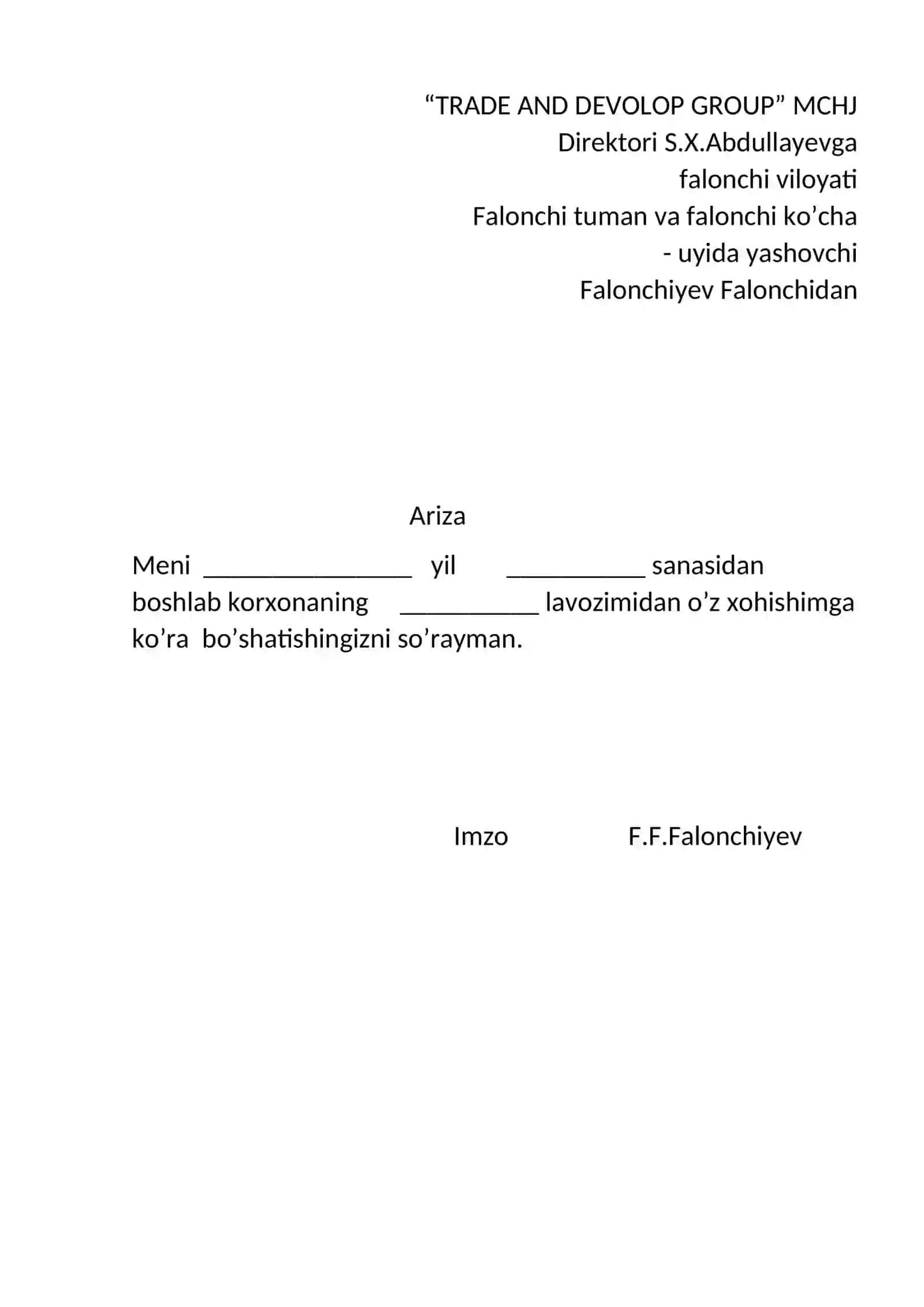 Ishga kirishda yoziladigan ariza shabloni 4