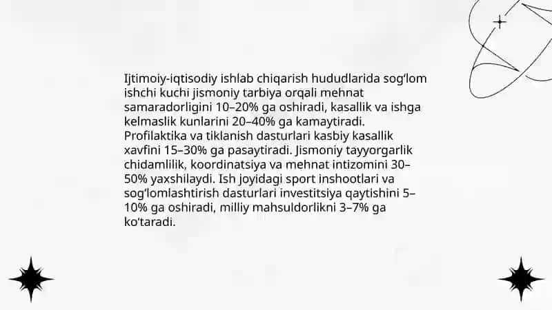 Jamiyat taraqqiyoti va ijtimoiy iqtidodiy ishlab chiqarish jsrayonlarida jismoniy tarbiyaning mohiyati. 4