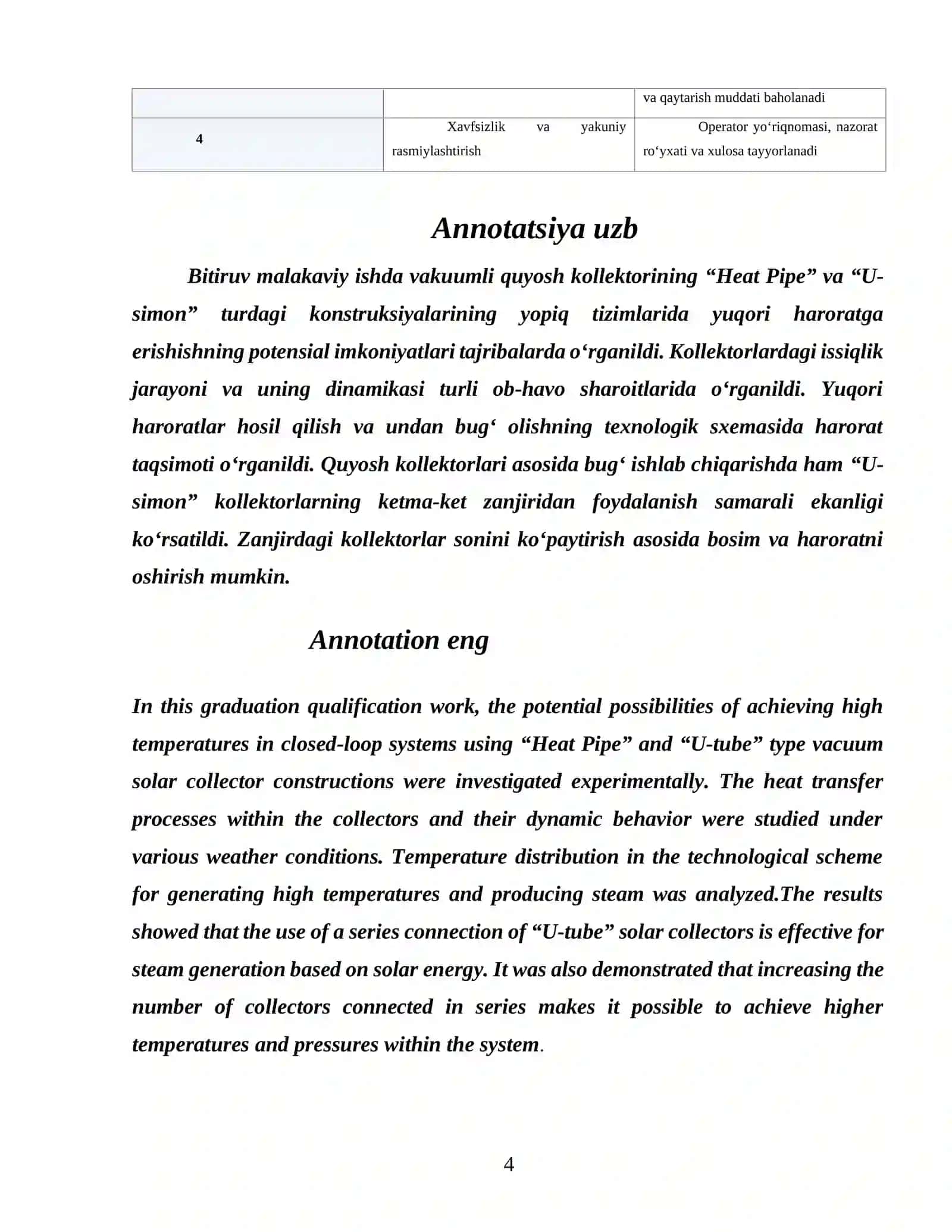 Bitiruv ishining mavzusi: “O‘zbekiston sharoitida vakuumli quyosh kollektorlarida yuqori harorat bosimli bug‘ hosil qilishning potensial imkoniyatlarini o‘rganish” 4