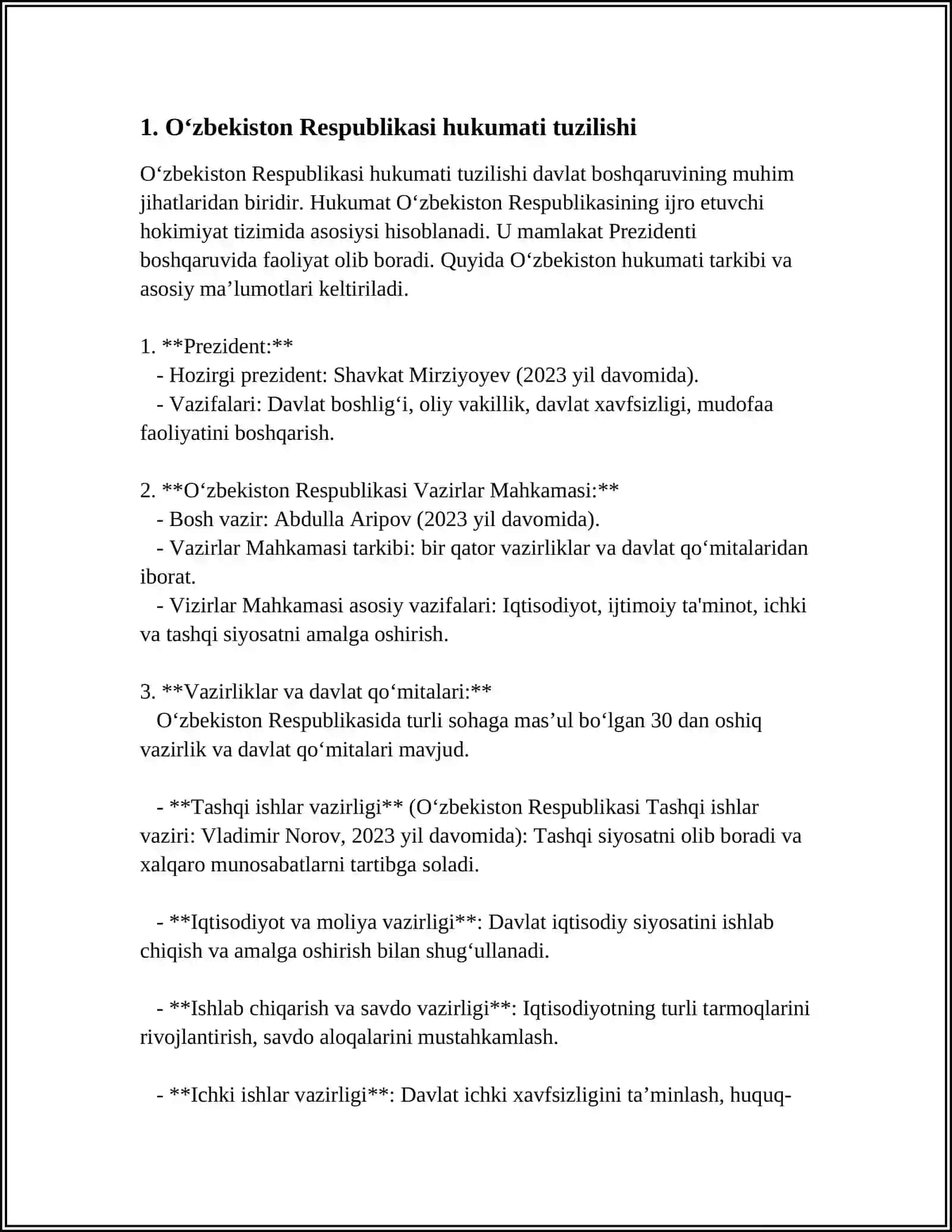 O'ZBEKISTON RESPUBLIKASI HUKUMATINI TASHKIL ETISH TARTIBI, UNING TARKIBI VA FAOLIYATINI AMALGA OSHIRISH TARTIBI 4