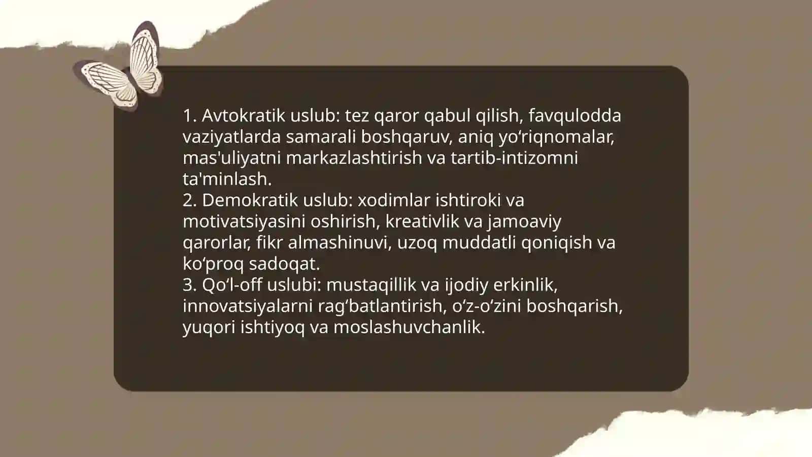 Avtokratik, demokratik va qo'l-off uslublar 4