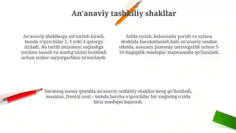 Jismoniy tarbiya darslarida o'quvchilar faoliyatini tashkil etish shakllari 4