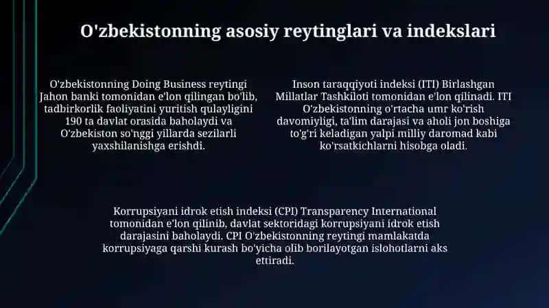 Oʻzbekiston Respublikasining xalqaro reyting va indekslari 4
