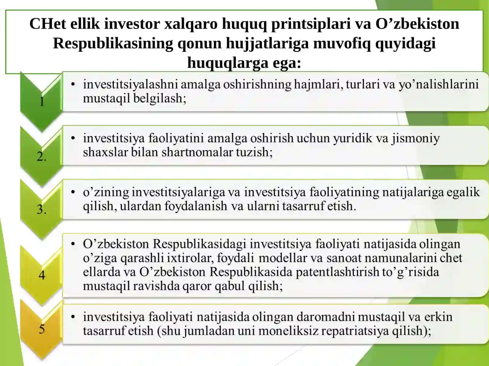 Xorijiy investorlar huquqiy holatining o’ziga xos xususiyatlari 4