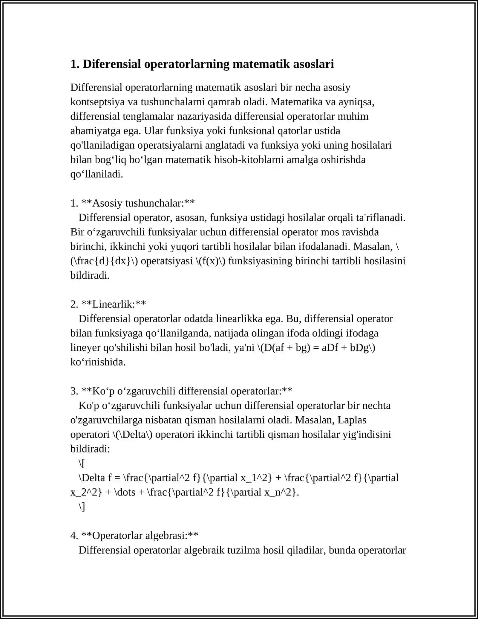 DIFFERENSIAL OPERATORLAR VA ULARNING AMALIY QO'LLANILISHI: NABLA, LAPLASIAN VA BOSHQA OPERATORLAR YORDAMIDA FIZIK VA MATEMATIK MASALALARNI YECHISH 4